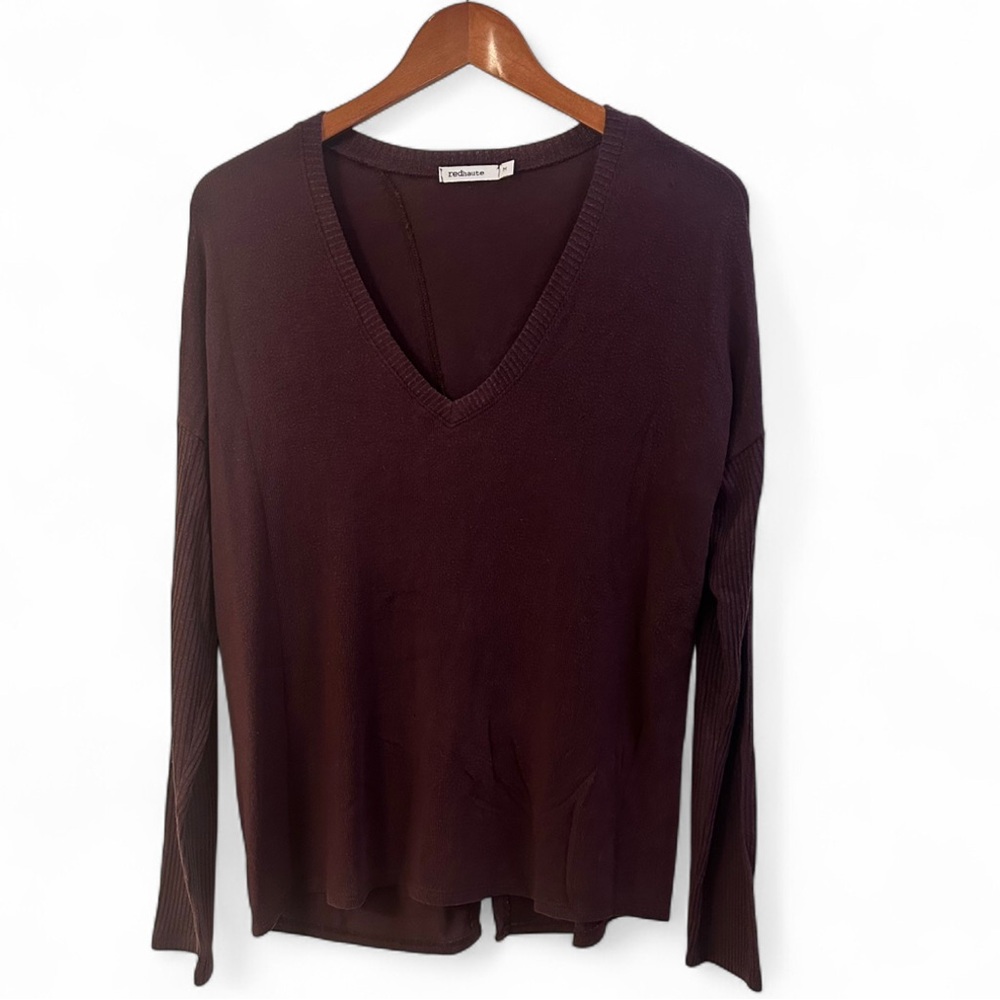 Redhaute V Neck Long Sleeve Top Sweater Back Slit Detail Medium